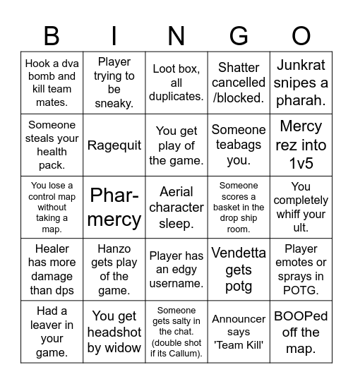 Overwatch Drunk Bingo Card