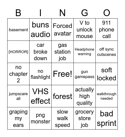 roblox horror game bingo Card
