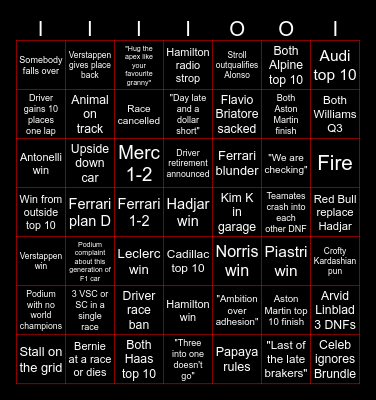 F1 Chat Bingo Card
