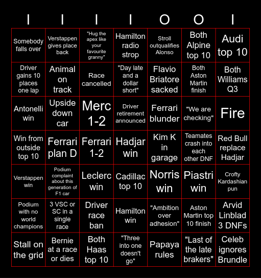 F1 Chat Bingo Card