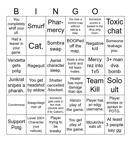 Overwatch Drunk Bingo Card
