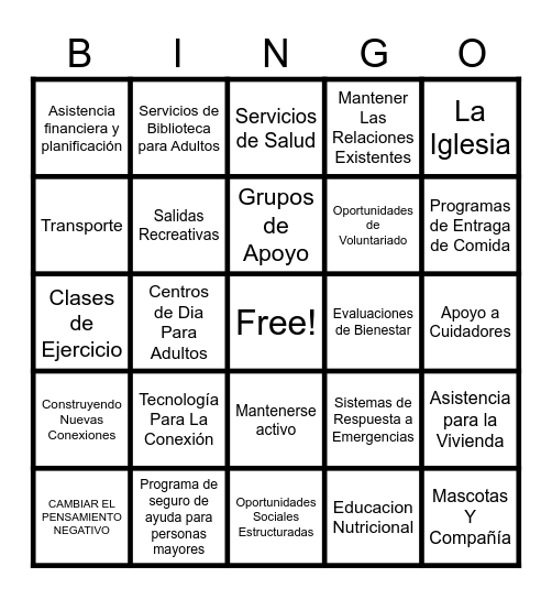 Servicios para Adultos en el Condado de McHenry Bingo Card