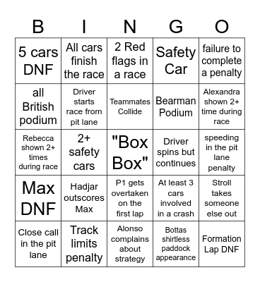 F1 Bingo 2026 Bingo Card