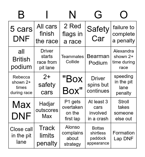 F1 Bingo 2026 Bingo Card
