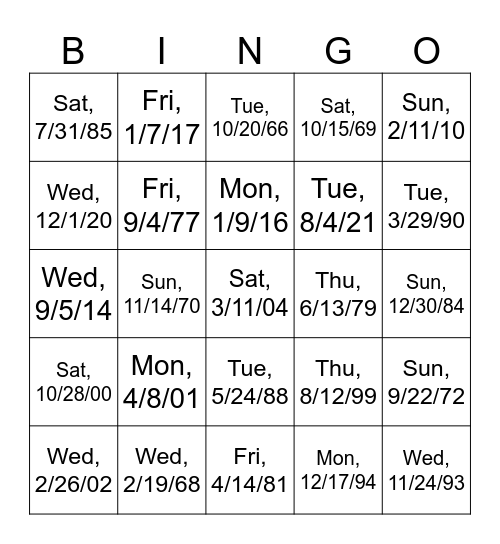 Dates Bingo! Bingo Card
