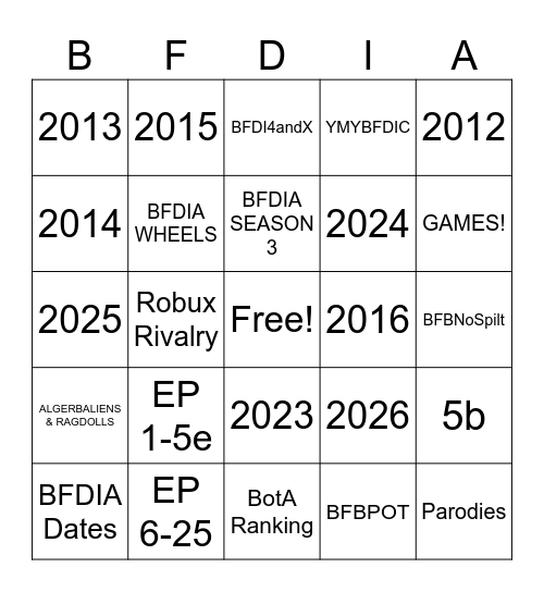 BFDIA Bingo Card