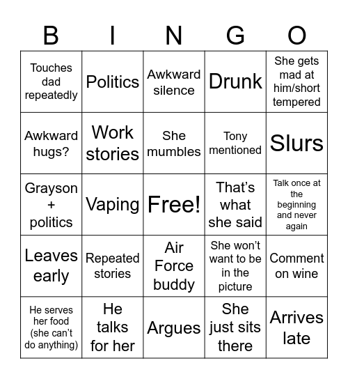 Family Bingo Card