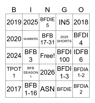BFB Bingo Card