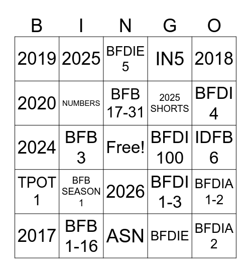 BFB Bingo Card