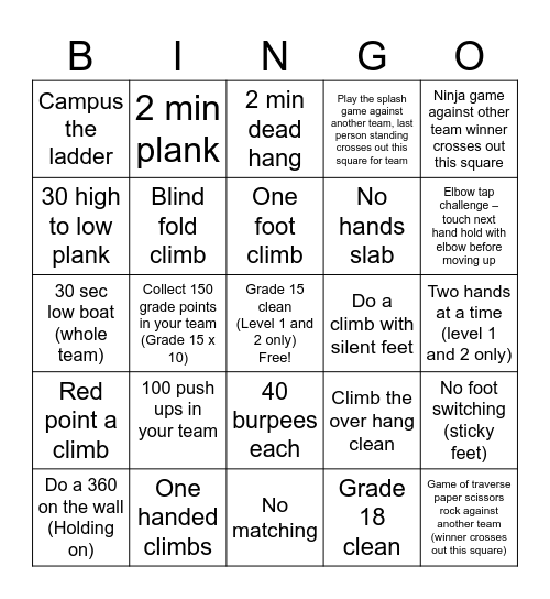 Work in a team to cross of challenges to get vertical, horizontal, diagonal, bingo Card