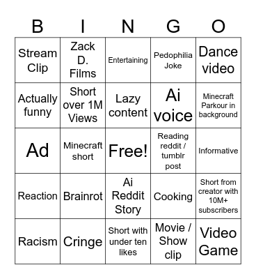 Youtube Shorts Bingo Card