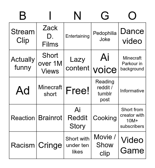 Youtube Shorts Bingo Card