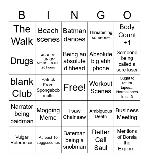 American Psycho Bingo Card