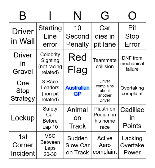 F1 Australian GP 2026 Bingo Card