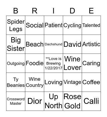 Calli's Bridal Shower Bingo Card