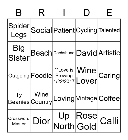 Calli's Bridal Shower Bingo Card