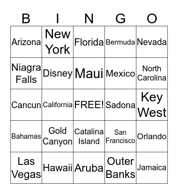 Destinations and Fun Bingo Card