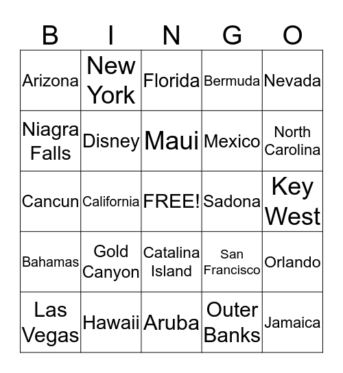 Destinations and Fun Bingo Card