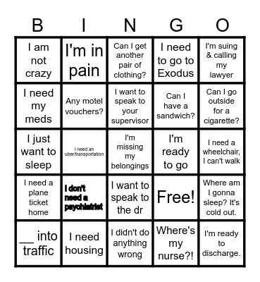 ED Social Work Bingo Card