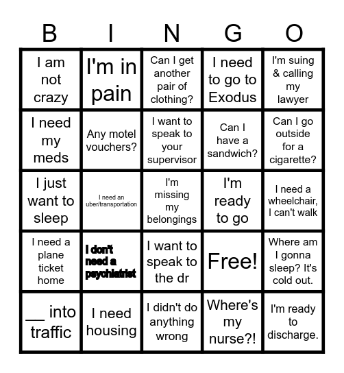 ED Social Work Bingo Card