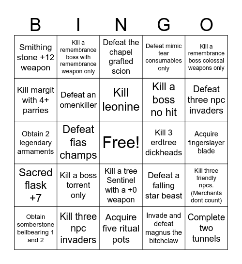 Elden ring bingo Card