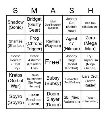 Smash 6 Characters Bingo Card