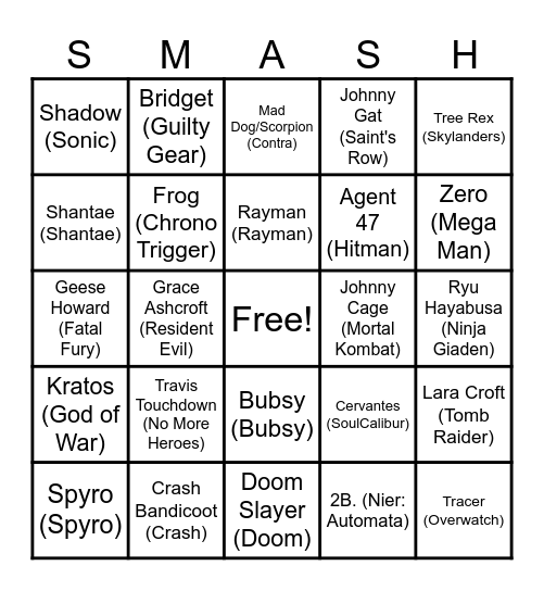 Smash 6 Characters Bingo Card
