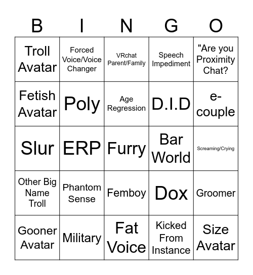 VRchat Bingo Card