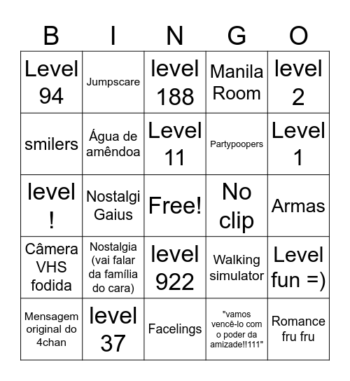 Backrooms o filme :O Bingo Card