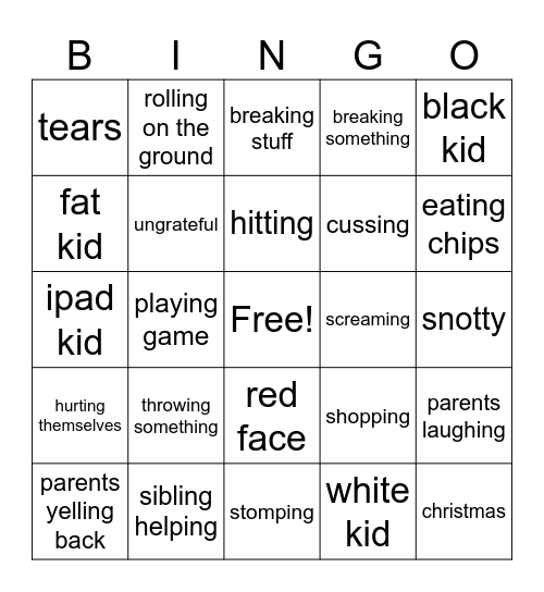 kid crashouts Bingo Card
