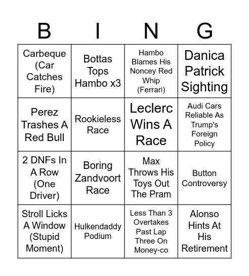 F1 Bingo Card