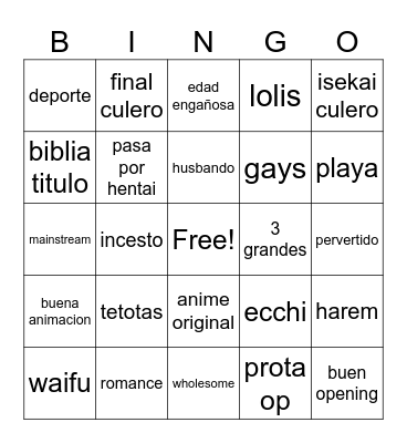 anime Bingo Card