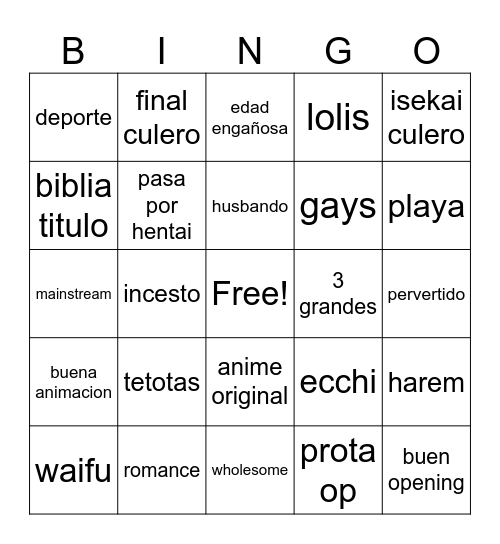 anime Bingo Card