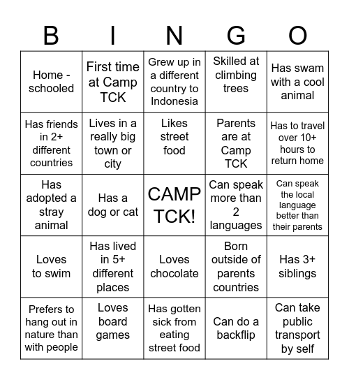 Camp TCK Bingo Card