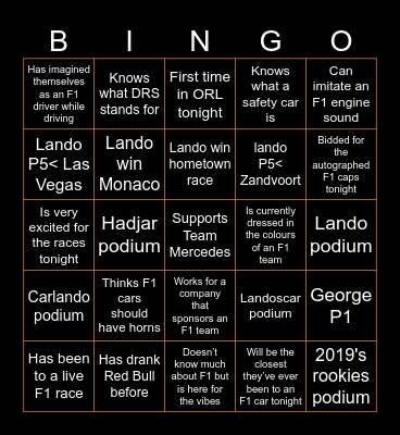 F1 Bingo Card