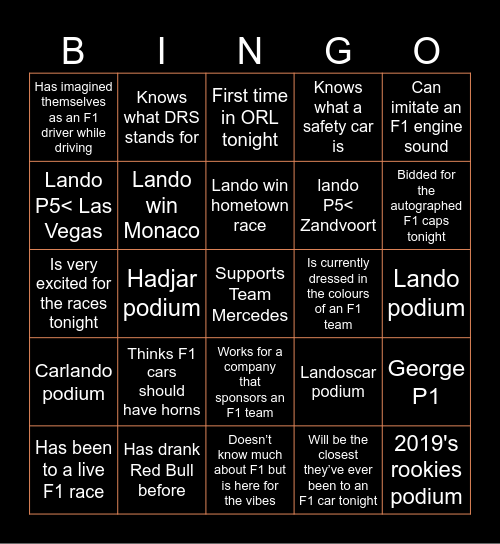F1 Bingo Card
