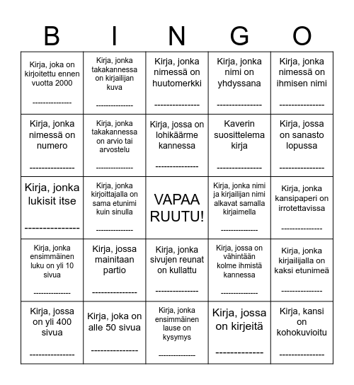 Metsojen Kirjasto-bingo Card