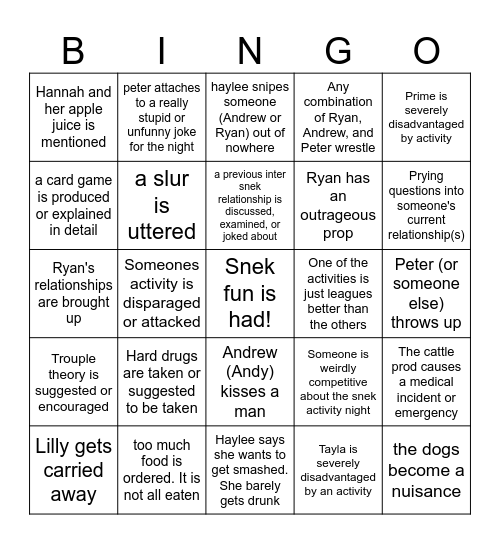 SNEK BINGO! Bingo Card