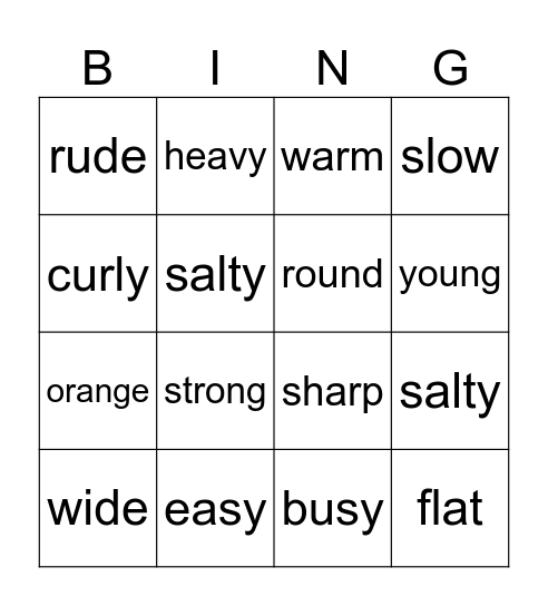 Adjectives Bingo Card