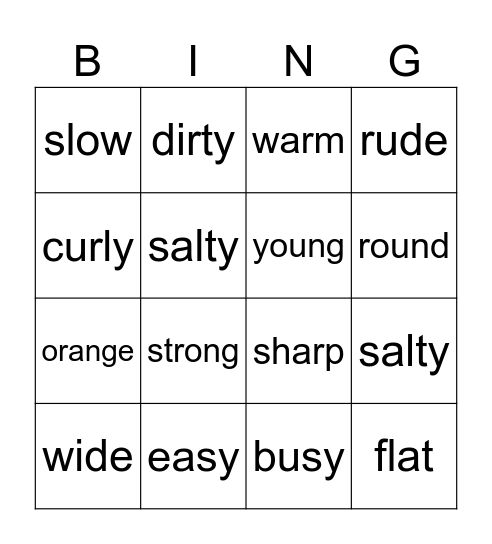 Adjectives Bingo Card