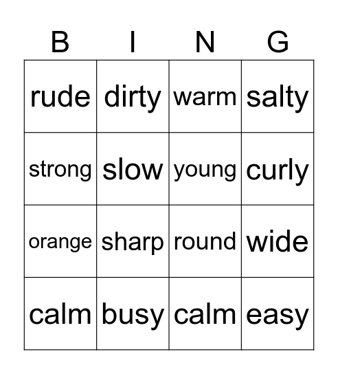 Adjectives Bingo Card