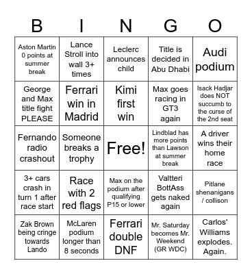 F1 2026 Bingo Card