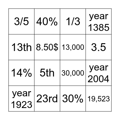 NUMBERS A2 Bingo Card