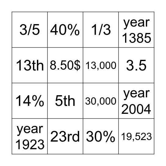 NUMBERS A2 Bingo Card