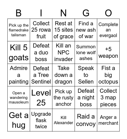 Elden ring Bingo Card