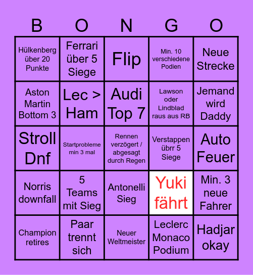 F1 Bingo Card
