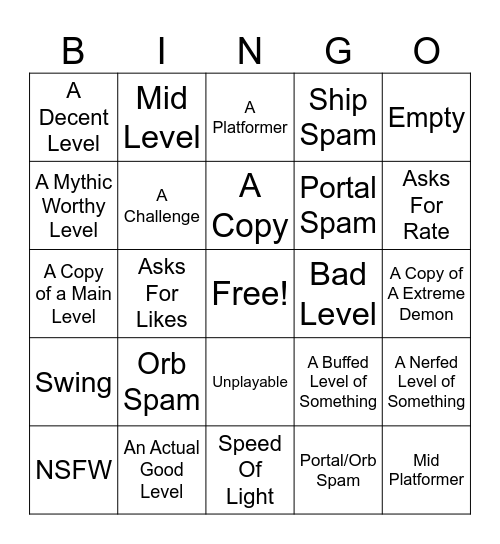 gd recent levels Bingo Card