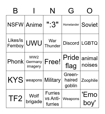 Anti Furry Bingo Card