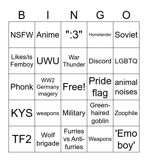 Anti Furry Bingo Card