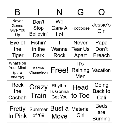 1980’s Bingo Card